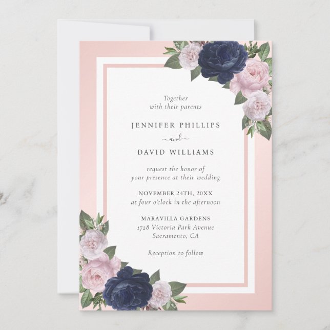 Elegant Navy Blue and Blush Floral Wedding Invitation (Front)