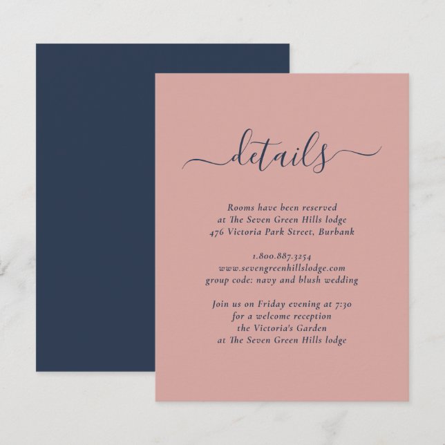 Elegant Navy Blue and Blush Wedding Enclosure Card (Front/Back)