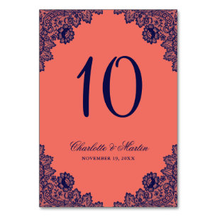 Elegant Navy Blue and Coral Floral Lace Wedding Table Number