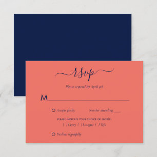 Elegant Navy Blue and Coral Wedding RSVP Card Meal