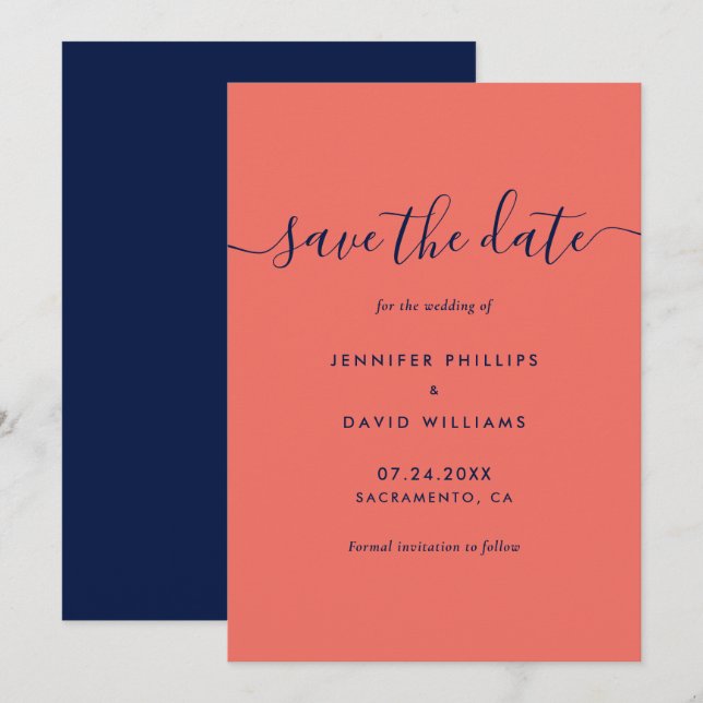Elegant Navy Blue and Coral Wedding Save The Date (Front/Back)