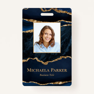Elegant Navy Blue and Gold Agate Badge
