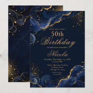 Elegant Navy Blue and Gold Alcohol Ink Invitation