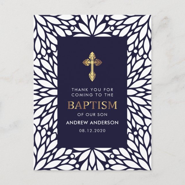 Elegant Navy Blue And Gold  Baptism Thank You Postcard (Front)