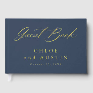 Elegant Navy Blue and Gold Calligraphy Wedding Guest Book