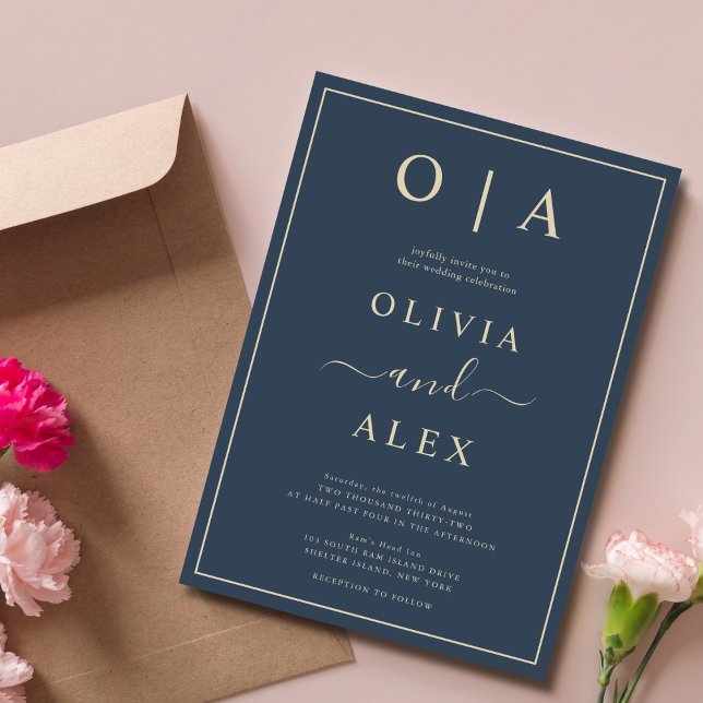 Elegant Navy Blue and Gold Classic Wedding  Invitation (Creator Uploaded)