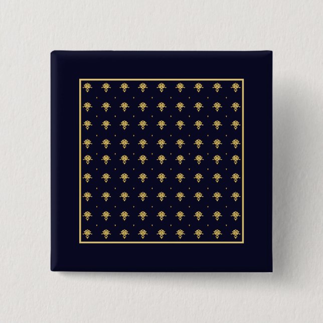 Elegant Navy Blue and Gold Damask 2 Inch Square Button (Front)