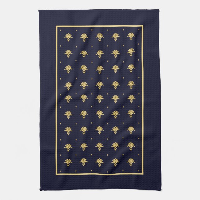 Elegant Navy Blue and Gold Damask Kitchen Towel (Vertical)