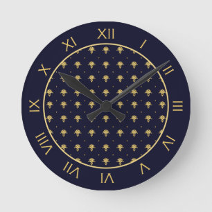 Elegant Navy Blue and Gold Damask Round Clock