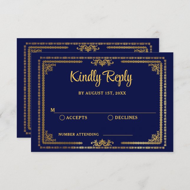 Elegant Navy Blue and Gold Deco Wedding RSVP (Front/Back)
