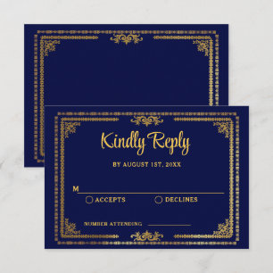 Elegant Navy Blue and Gold Deco Wedding RSVP Card