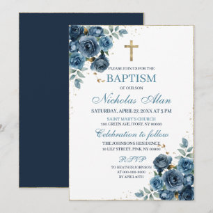 Elegant Navy Blue and Gold Floral Baptism Invitation