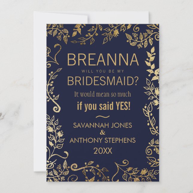 Elegant Navy Blue and Gold Floral Bridesmaids Invitation (Front)