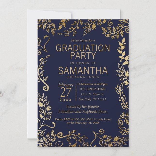 Elegant Navy Blue and Gold Floral Graduation Invitation (Front)