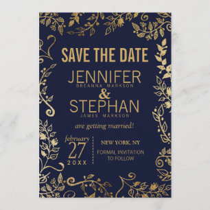 Elegant Navy Blue and Gold Floral Save the Dates Invitation