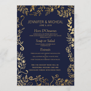 Elegant Navy Blue and Gold Floral Wedding Menu