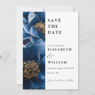 Elegant Navy Blue And Gold Floral Wedding Save The Date