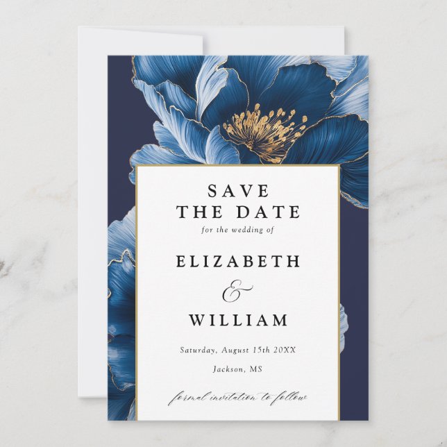 Elegant Navy Blue And Gold Floral Wedding Save The Date (Front)