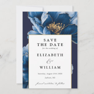 Elegant Navy Blue And Gold Floral Wedding Save The Date