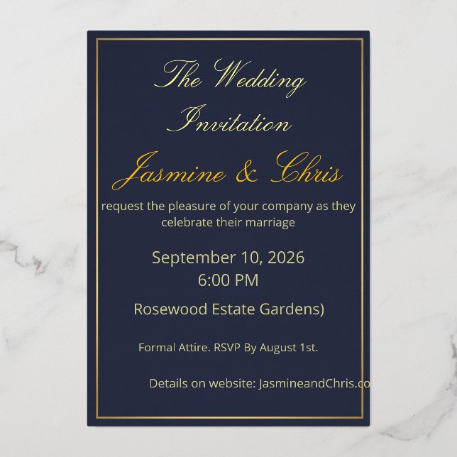 Elegant Navy Blue and Gold Foil Wedding Invitation (Front)