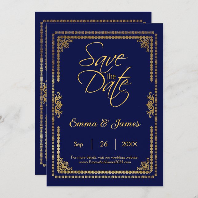 Elegant Navy Blue and Gold Frame Wedding  Save The Date (Front/Back)