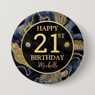 Elegant Navy Blue and Gold Glitter Agate Birthday 3 Inch Round Button