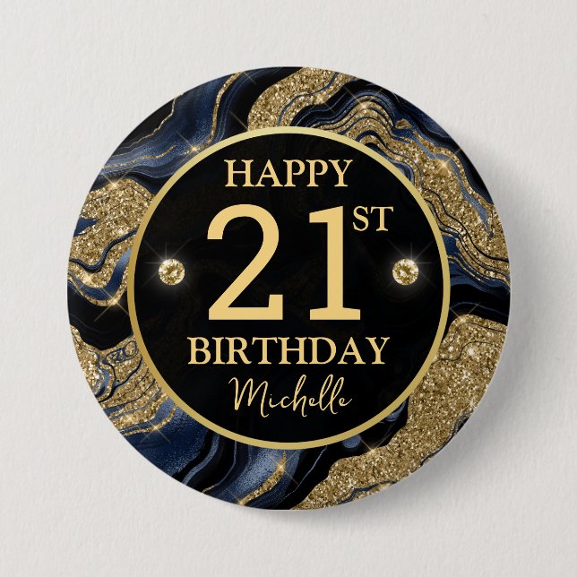 Elegant Navy Blue and Gold Glitter Agate Birthday 3 Inch Round Button (Front)