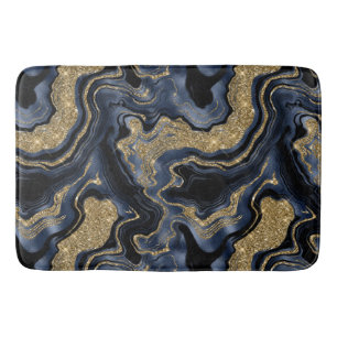Elegant Navy Blue and Gold Glitter Agate Pattern Bath Mat