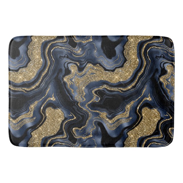 Elegant Navy Blue and Gold Glitter Agate Pattern Bath Mat (Front)