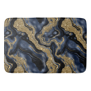 Elegant Navy Blue and Gold Glitter Agate Pattern Bath Mat