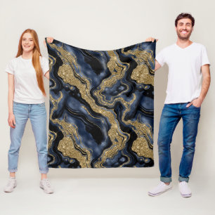 Elegant Navy Blue and Gold Glitter Agate Pattern Fleece Blanket