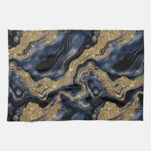 Elegant Navy Blue and Gold Glitter Agate Pattern Kitchen Towel