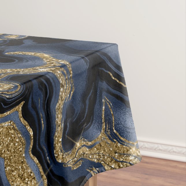 Elegant Navy Blue and Gold Glitter Agate Pattern Tablecloth (In Situ)
