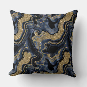 Elegant Navy Blue and Gold Glitter Agate Pattern Throw Pillow