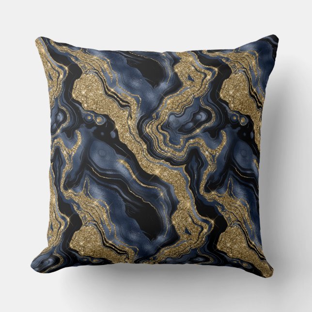 Elegant Navy Blue and Gold Glitter Agate Pattern Throw Pillow (Front)