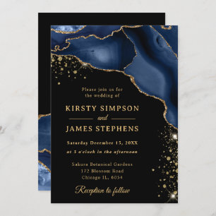 Elegant Navy Blue and Gold Glitter Agate Wedding Invitation