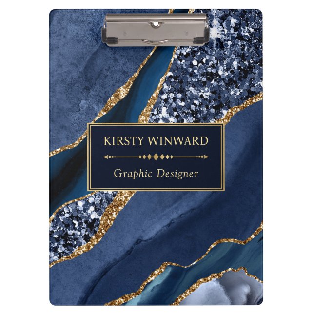 Elegant Navy Blue and Gold Glitter Ocean Agate Clipboard (Front)