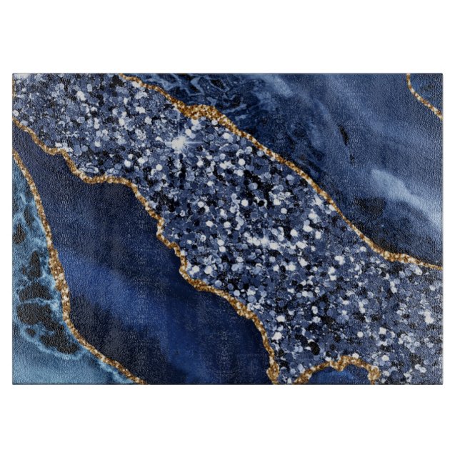 Elegant Navy Blue and Gold Glitter Ocean Agate Cutting Board (Front)