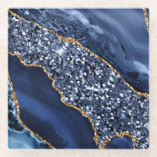 Elegant Navy Blue and Gold Glitter Ocean Agate Glass Coaster