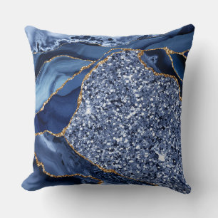 Elegant Navy Blue and Gold Glitter Ocean Agate Throw Pillow