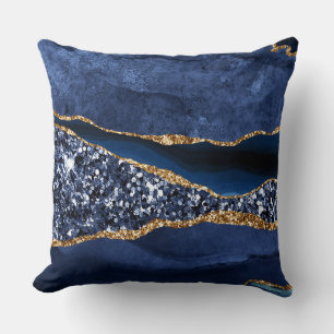Elegant Navy Blue and Gold Glitter Ocean Agate Throw Pillow