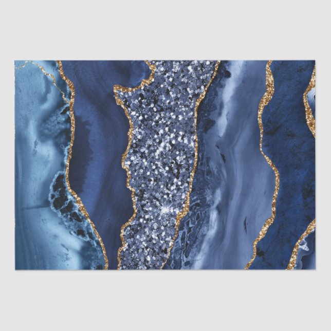 Elegant Navy Blue and Gold Glitter Ocean Agate Tissue Paper (Front)