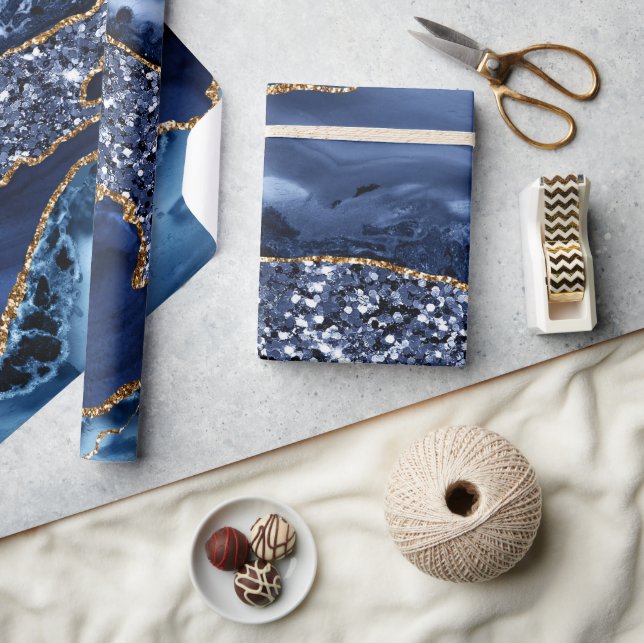 Elegant Navy Blue and Gold Glitter Ocean Agate Wrapping Paper (Crafts)