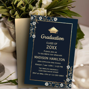 Elegant Navy Blue and Gold Graduation Party Invitation