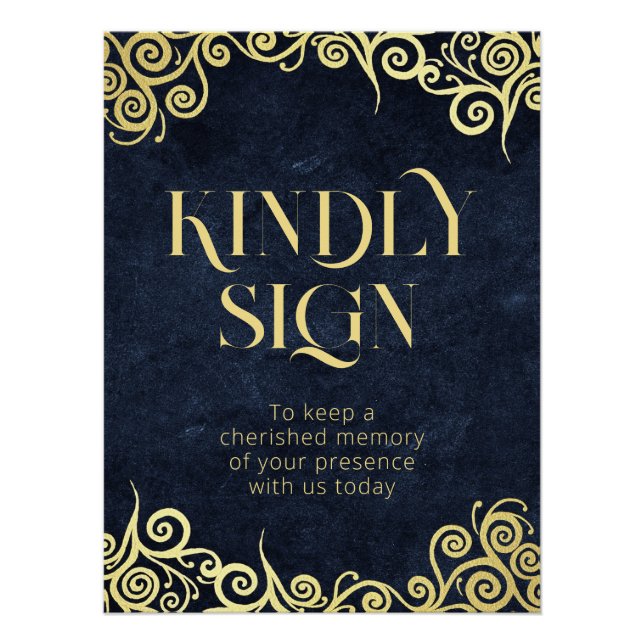      Elegant Navy Blue And Gold Kindly Sign Poster (Front)
