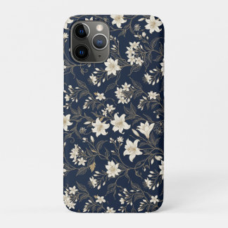Elegant Navy Blue and Gold Lily Floral iPhone 11 Pro Case