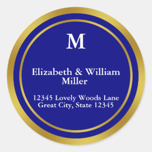 Elegant Navy Blue and Gold Monogram Address Classic Round Sticker