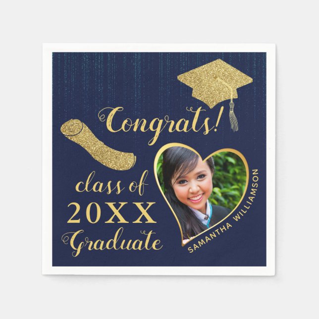 Elegant Navy Blue and Gold Photo 2025 Graduation Napkin (Front)