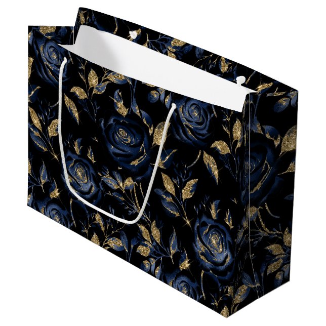Elegant Navy Blue and Gold Rose Floral Pattern Large Gift Bag (Front Angled)
