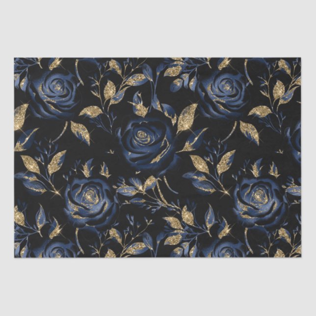 Elegant Navy Blue and Gold Rose Floral Pattern Tissue Paper (Front)